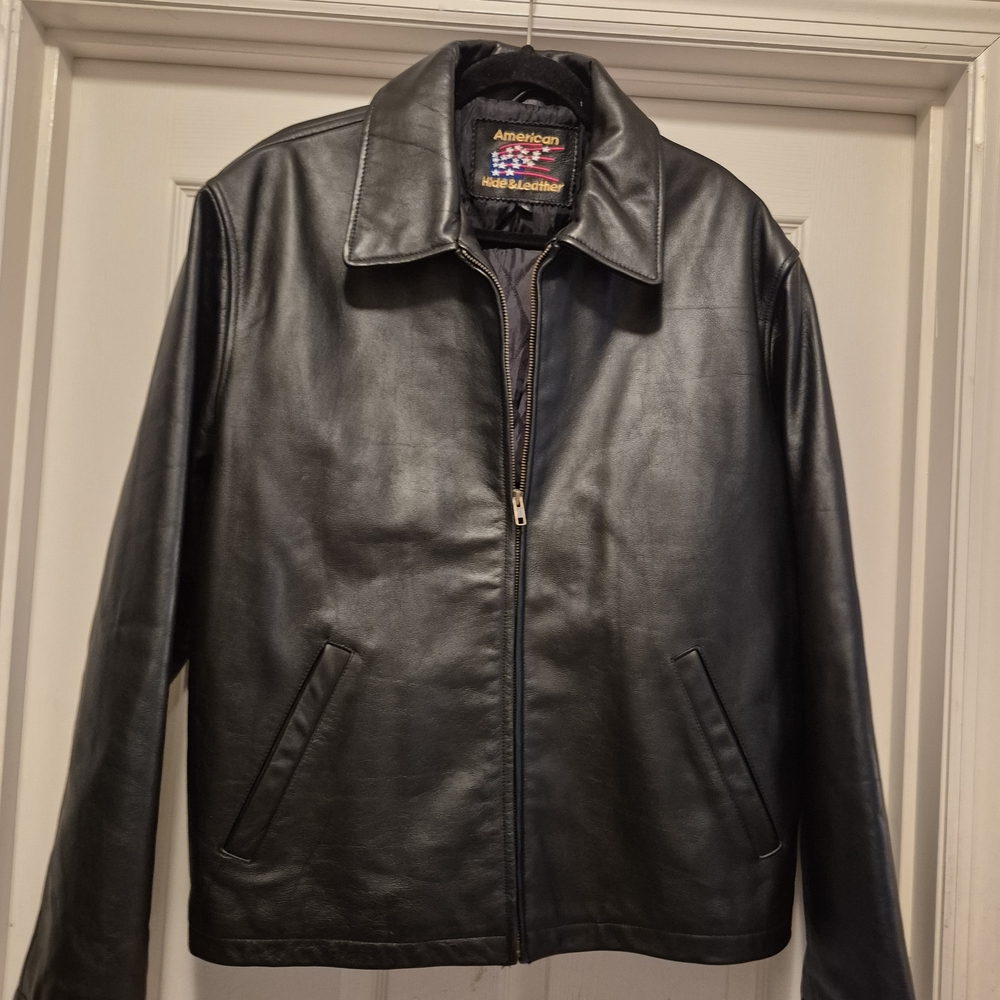 American Hide And Leather Y2k Men's Black Smooth Leather Bomber Jacket Size XL
